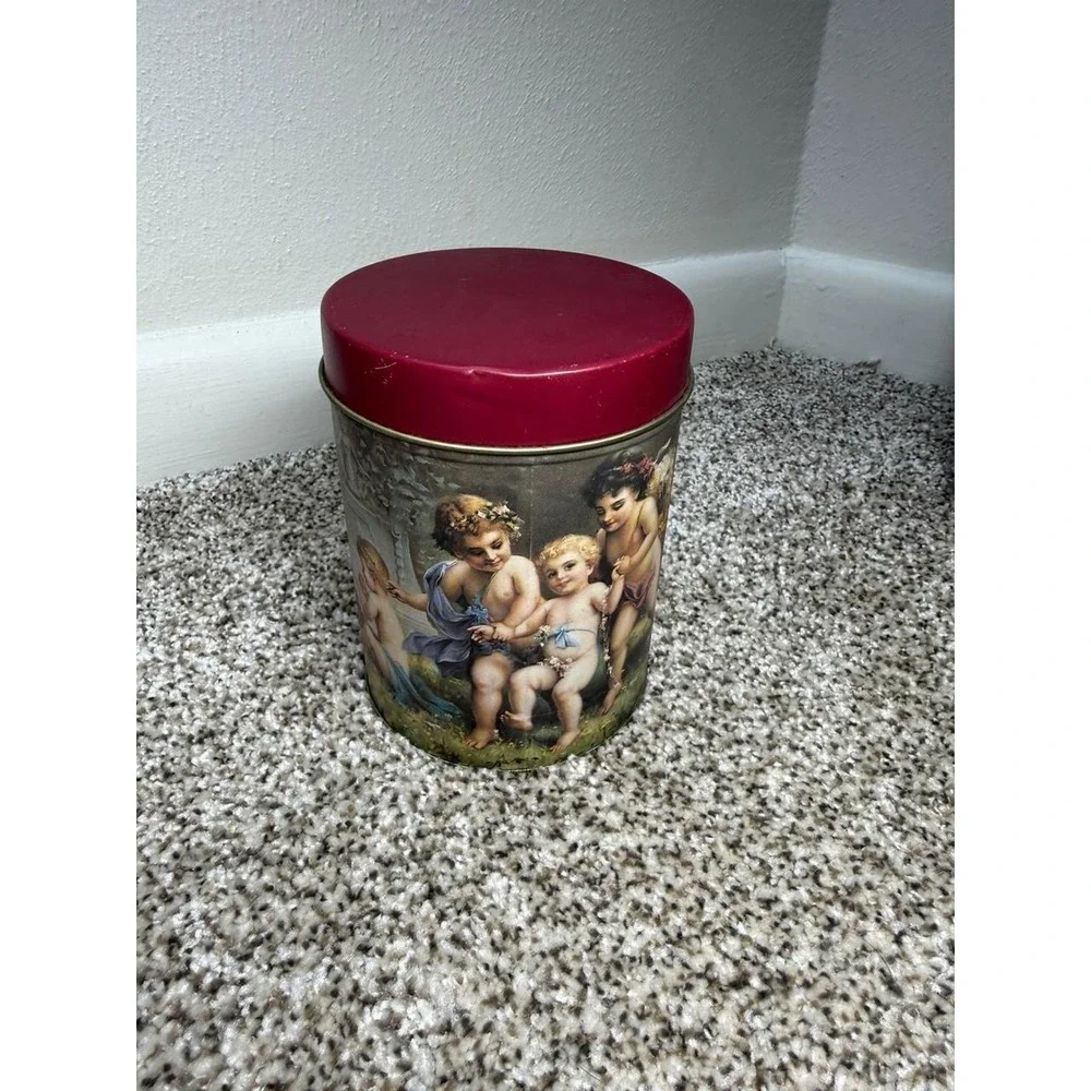 90s‎ Vintage Cherub Angel Decorative Metal Tin Canister w Lid Victorian Style